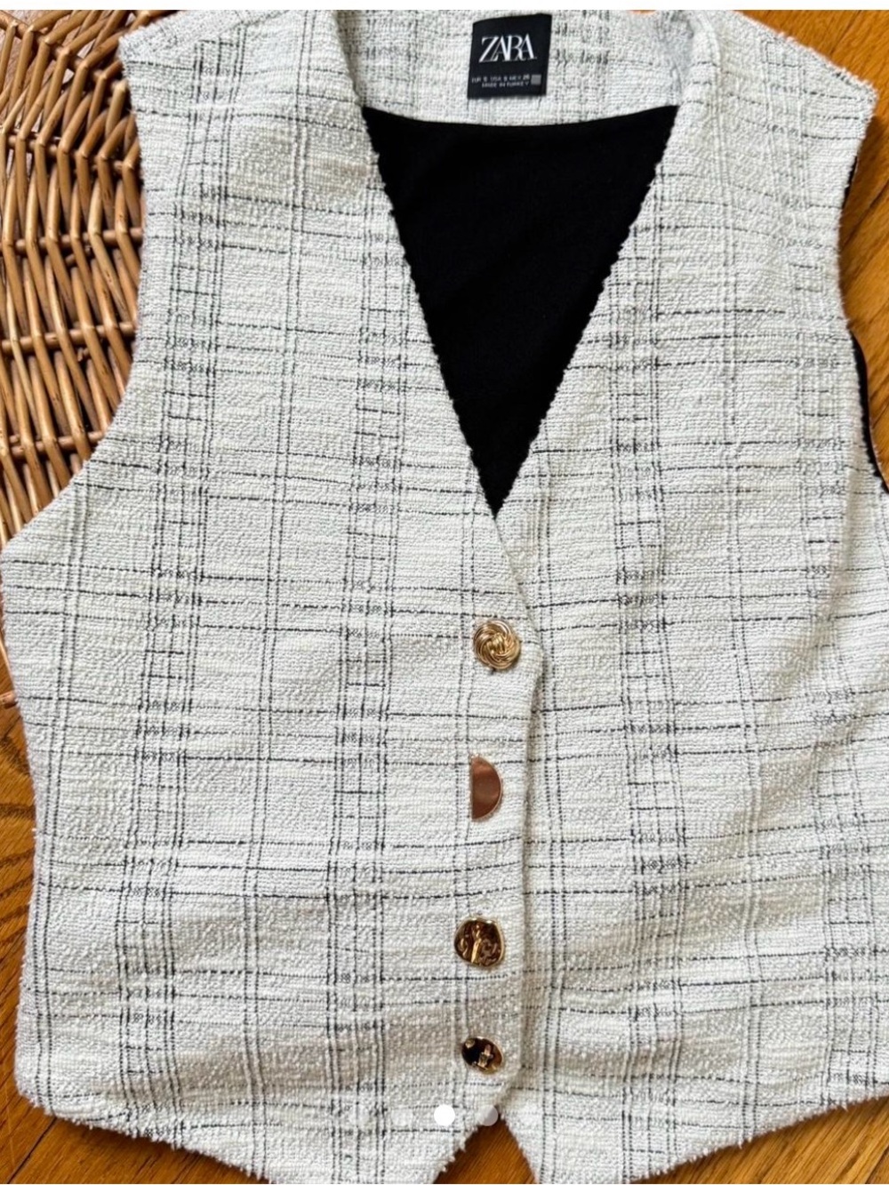 ZARA Cream and Black Tweed Vest with Gold Buttons
